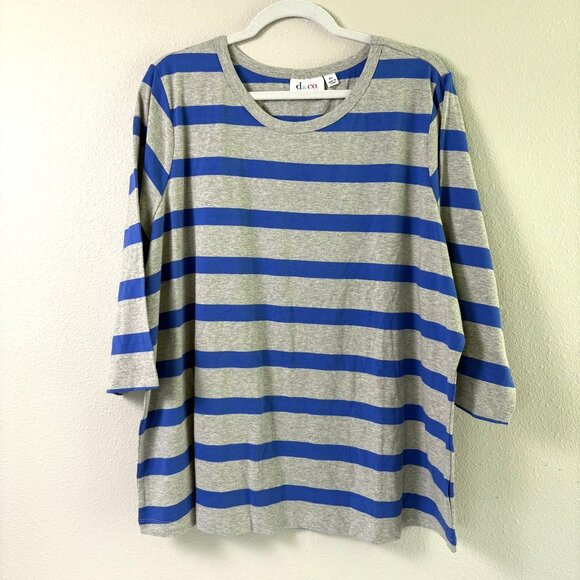 Denim & Co Scoop Neck Top Size 2X Blue Gray Striped 3/4 Sleeve Pullover Tee - Picture 1 of 11